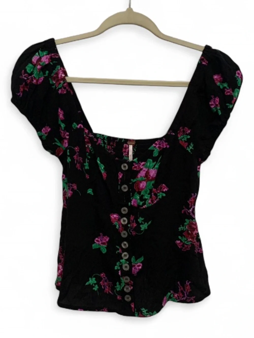 Free People Close to You Black Floral Button-Front Puff Sleeve Top